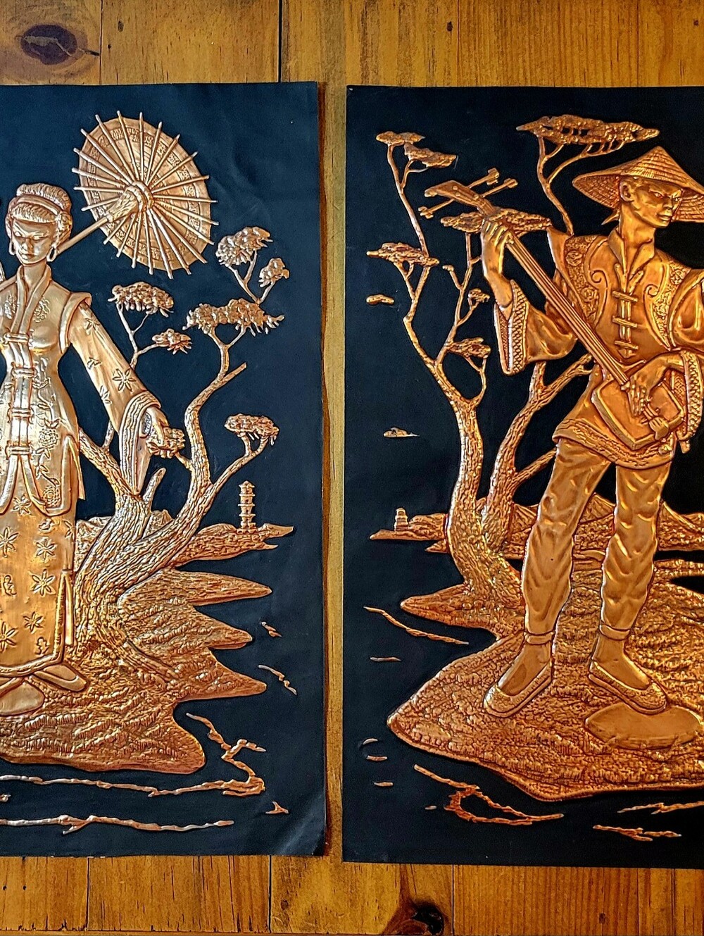 Vintage Copper Relief Asian Figures Wall Art Set - Black & Copper MCM 9" x 12"